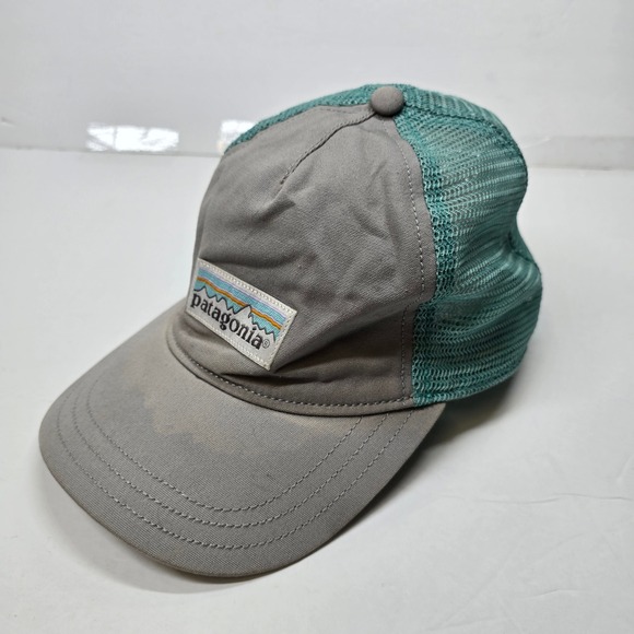 Patagonia P-6 Logo Trucker Hat Mens One Size Cap Gray Teal Mesh Adjustable - Picture 3 of 7